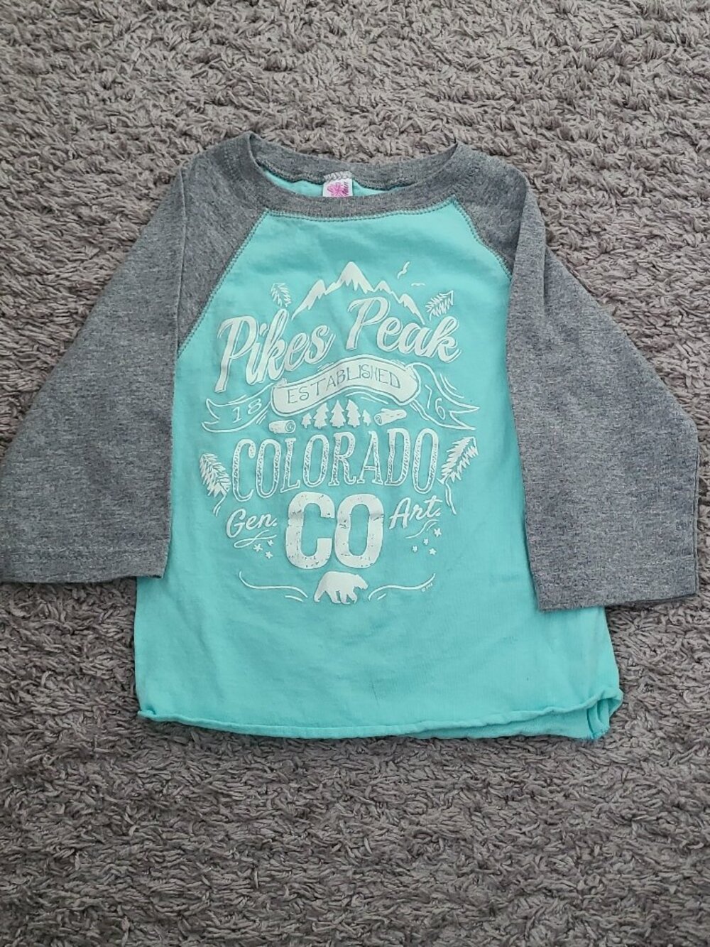 🏔 Girls Pikes Peak Colorado Long Sleeve Shirt Turquoise & Heather Gray Size 2-4